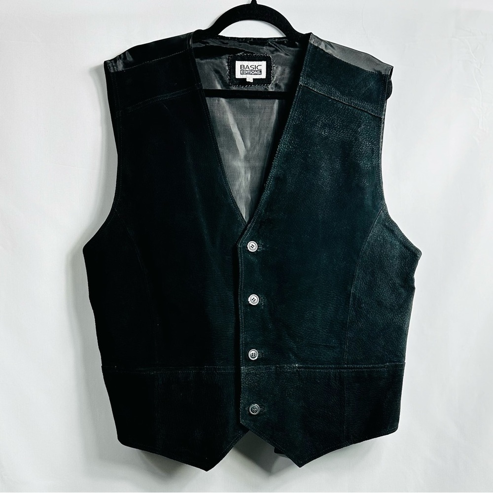 Vintage Basic Editions Genuine Leather Men’s Sz Large Black Button Down Vest